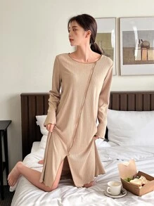 DAZY 素色下擺開叉頂針休閒服連衣裙 - 卡其色 - 查看 4