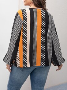 SHEIN LUNE Plus Geo Print Colourblock Lantern Sleeve Blouse - Multicolor - View 2