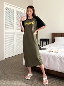 DAZY Slogan Graphic Raglan Sleeve Nightdress - Army Green - View 3