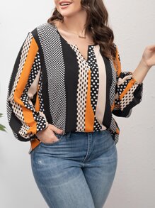 SHEIN LUNE Plus Geo Print Colourblock Lantern Sleeve Blouse - Multicolor - View 3