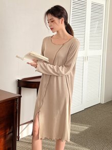 DAZY 素色下擺開叉頂針休閒服連衣裙 - 卡其色 - 查看 6