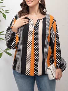 SHEIN LUNE Plus Geo Print Colourblock Lantern Sleeve Blouse - Multicolor - View 4