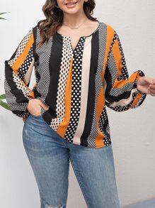 SHEIN LUNE Plus Geo Print Colourblock Lantern Sleeve Blouse - Multicolor - View 5