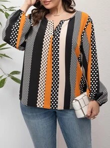 SHEIN LUNE Plus Geo Print Colourblock Lantern Sleeve Blouse - Multicolor - View 6