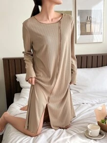 DAZY 素色下擺開叉頂針休閒服連衣裙 - 卡其色 - 查看 8