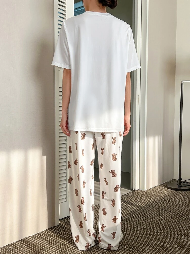 Bear Print Round Neck PJ Set White Set