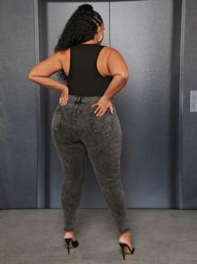 SHEIN CURVE+ Plus Slant Pocket Skinny Jeans - Dark Grey - View 2