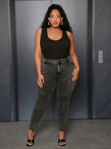 SHEIN CURVE+ Plus Slant Pocket Skinny Jeans - Dark Grey - View 3