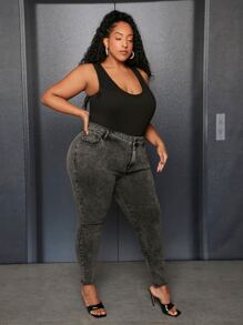 SHEIN CURVE+ Plus Slant Pocket Skinny Jeans - Dark Grey - View 4