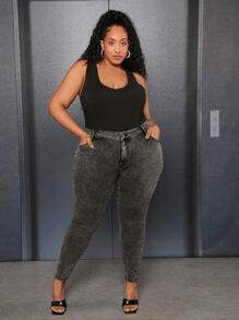 SHEIN CURVE+ Plus Slant Pocket Skinny Jeans - Dark Grey - View 5