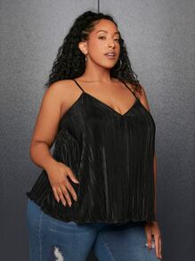SHEIN CURVE+ Plus Solid Lettuce Trim Cami Top - Black - View 3