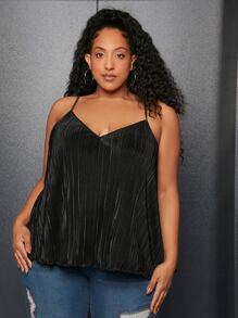 SHEIN CURVE+ Plus Solid Lettuce Trim Cami Top - Black - View 4