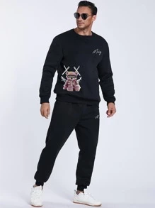 Manfinity Men Letter & Cartoon Graphic Pullover & Joggers - Black - View 4