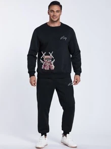 Manfinity Men Letter & Cartoon Graphic Pullover & Joggers - Black - View 5
