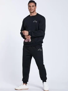 Manfinity Men Letter & Cartoon Graphic Pullover & Joggers - Black - View 6