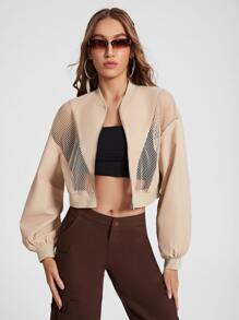 NINACIA Contrast Mesh Lantern Sleeve Crop Jacket - Apricot - View 1