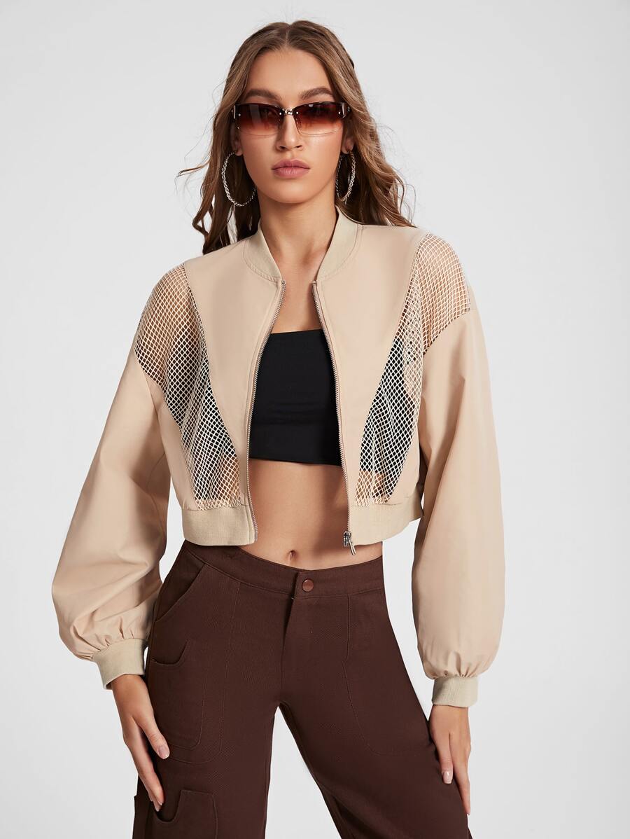 NINACIA Contrast Mesh Lantern Sleeve Crop Jacket - Apricot - View 1