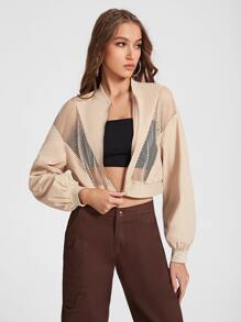 NINACIA Contrast Mesh Lantern Sleeve Crop Jacket - Apricot - View 5