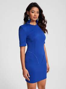 Temmie TT Solid Contrast Binding Bodycon Dress - Blue - View 1