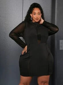 SHEIN CURVE+ Vestido ajustado de malla en contraste - Negro - Ver 1