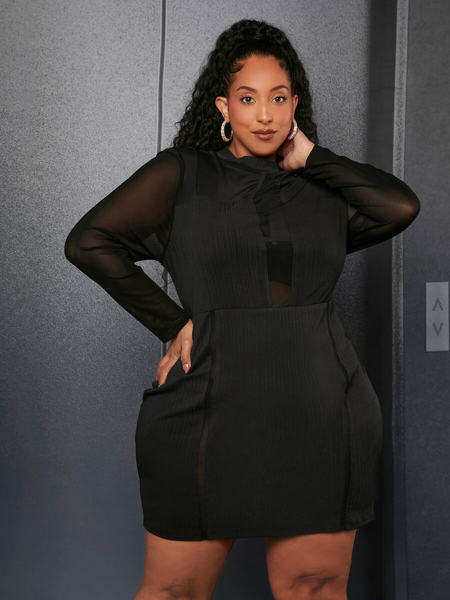SHEIN CURVE+ Vestido ajustado de malla en contraste - Negro - Ver 1