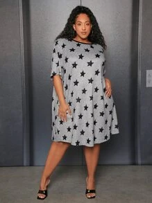 SHEIN CURVE+ Vestido con estampado de estrella de hombros caídos - Multicolor - Ver 3
