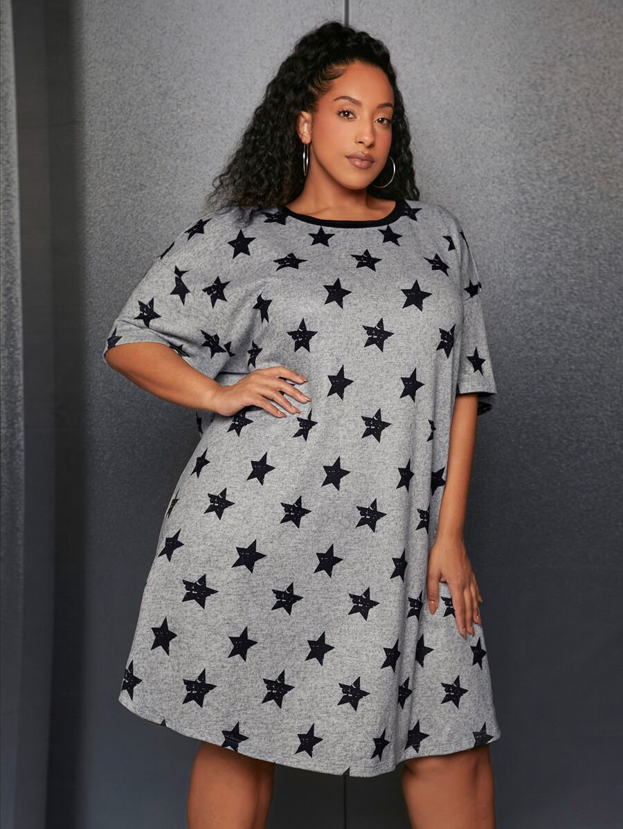 SHEIN CURVE+ Vestido con estampado de estrella de hombros caídos - Multicolor - Ver 1