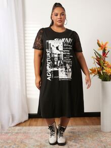 SHEIN CURVE+ Plus Slogan Graphic Contrast Lace Tee Dress - Black - View 1