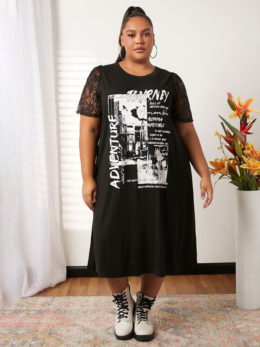 SHEIN CURVE+ Plus Slogan Graphic Contrast Lace Tee Dress - Black - View 1