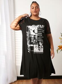SHEIN CURVE+ Plus Slogan Graphic Contrast Lace Tee Dress - Black - View 4