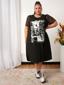 SHEIN CURVE+ Plus Slogan Graphic Contrast Lace Tee Dress - Black - View 5