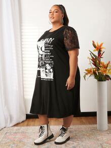 SHEIN CURVE+ Plus Slogan Graphic Contrast Lace Tee Dress - Black - View 6