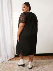 SHEIN CURVE+ Plus Slogan Graphic Contrast Lace Tee Dress - Black - View 2
