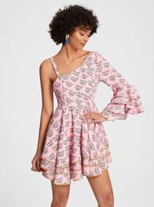 VIZLOOKS Floral Print Flounce Sleeve Layered Hem Dress - Baby Pink - View 2