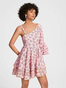 VIZLOOKS Floral Print Flounce Sleeve Layered Hem Dress - Baby Pink - View 3