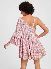 VIZLOOKS Floral Print Flounce Sleeve Layered Hem Dress - Baby Pink - View 4