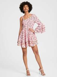 VIZLOOKS Floral Print Flounce Sleeve Layered Hem Dress - Baby Pink - View 5