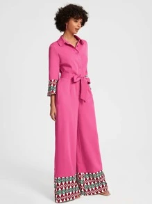 VIZLOOKS Geo Print Belted Wide Leg Jumpsuit - Hot Pink - View 4