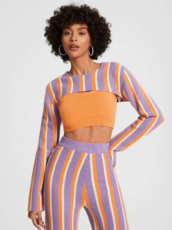 Scube Pulover crop cu umăr căzut cu model în dungi