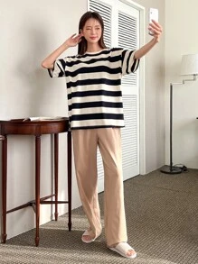 DAZY Conjunto de pijama de hombros caídos con estampado de rayas - Multicolor - Ver 3