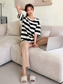 DAZY Conjunto de pijama de hombros caídos con estampado de rayas - Multicolor - Ver 6