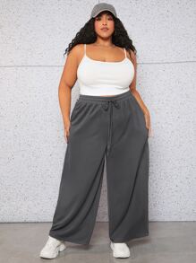SHEIN CURVE+ 大碼前打結闊腿衛褲 - 深灰色 - 查看 3