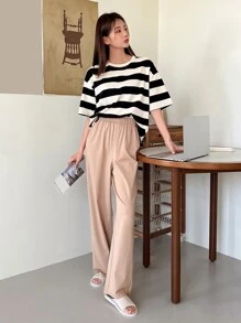 DAZY Conjunto de pijama de hombros caídos con estampado de rayas - Multicolor - Ver 7