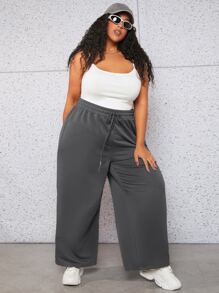 SHEIN CURVE+ 大碼前打結闊腿衛褲 - 深灰色 - 查看 4
