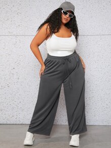 SHEIN CURVE+ 大碼前打結闊腿衛褲 - 深灰色 - 查看 5