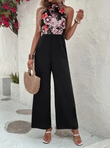 SHEIN VCAY Floral Print Wide Leg Halter Jumpsuit - Black - View 4