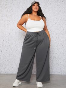 SHEIN CURVE+ 大碼前打結闊腿衛褲 - 深灰色 - 查看 1