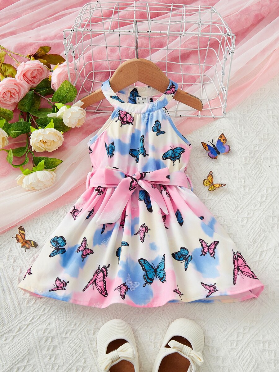 Baby Girl Tie Dye Butterfly Print Halter Neck Dress - Multicolor - View 1