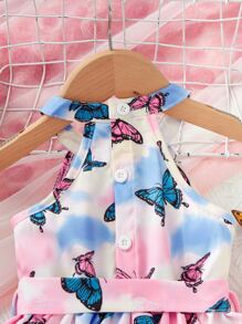 Baby Girl Tie Dye Butterfly Print Halter Neck Dress - Multicolor - View 3