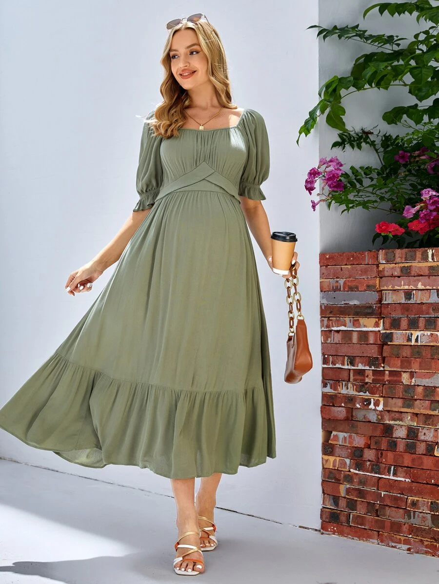 SHEIN Maternidad Vestido de manga farol bajo con fruncido - Verde militar - Ver 1